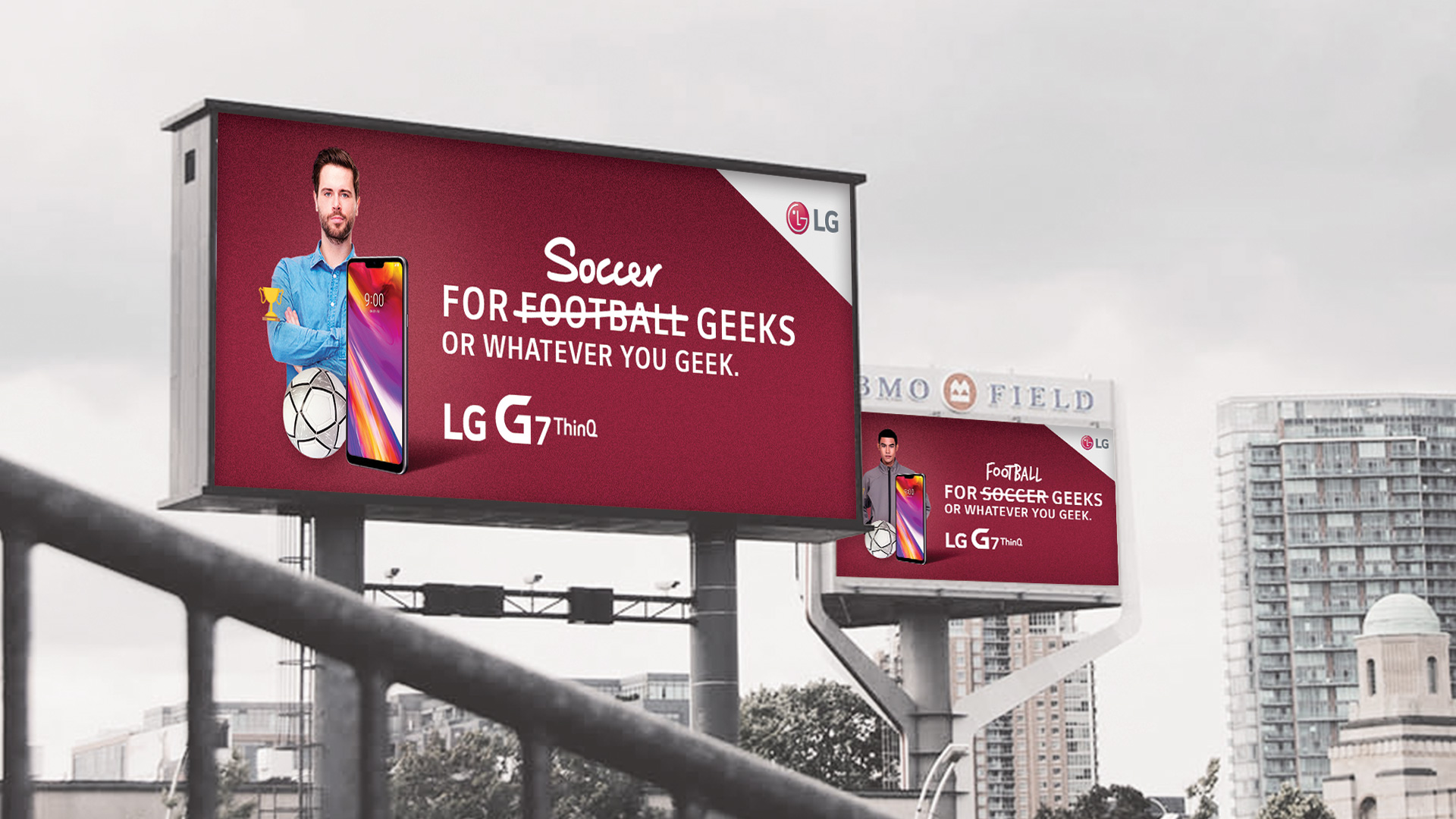 Two billboards. One reads “For Soccer Geeks,” but the word soccer is crossed out and replaced with football. The other billboard reads “For Football Geeks”, but the word football is crossed out and replaced with soccer.